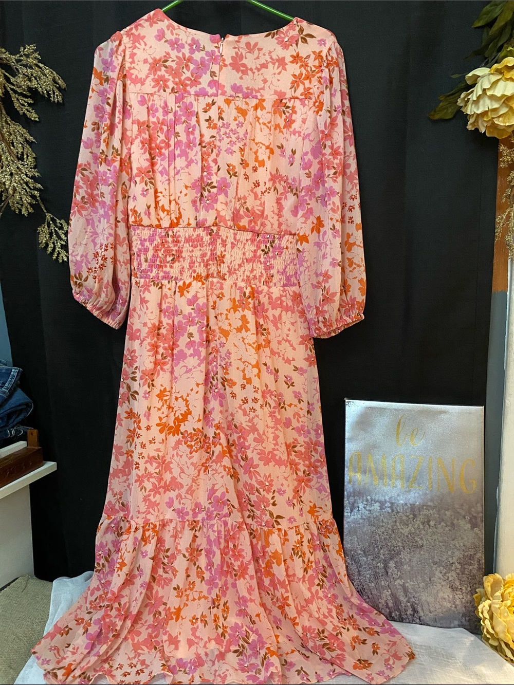 NWT SZ 4 DKNY Pink Floral Ruched V-Neck Maxi Dress - Picture 4 of 6